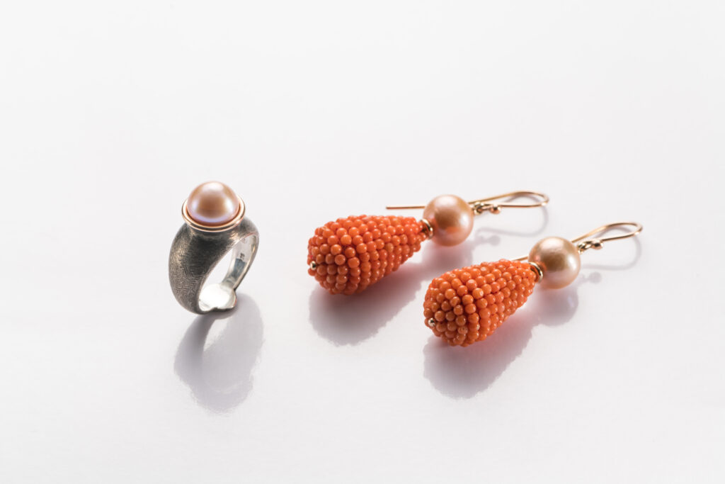 Ohrschmuck & Ring Rosegold Silber Perle Koralle