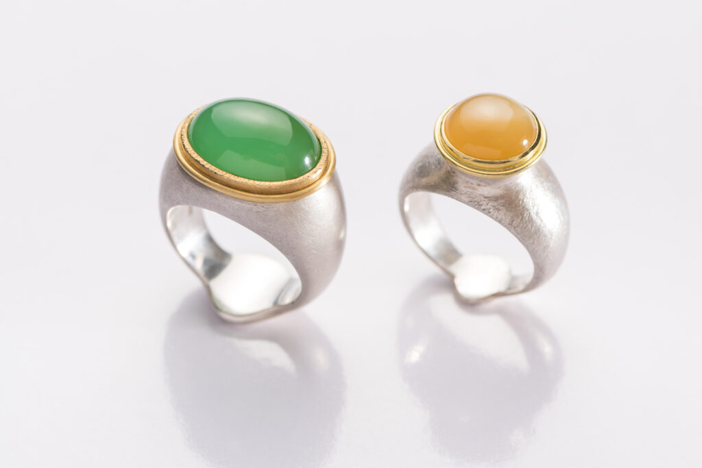 Zwei Ringe Silber Gold Chrysopras Mondstein